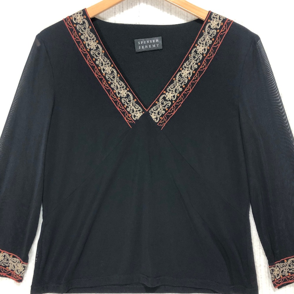 SPENSER‎ JEREMY Black Sheer Embroidered V-Neck 3/4 Sleeve Top Blouse